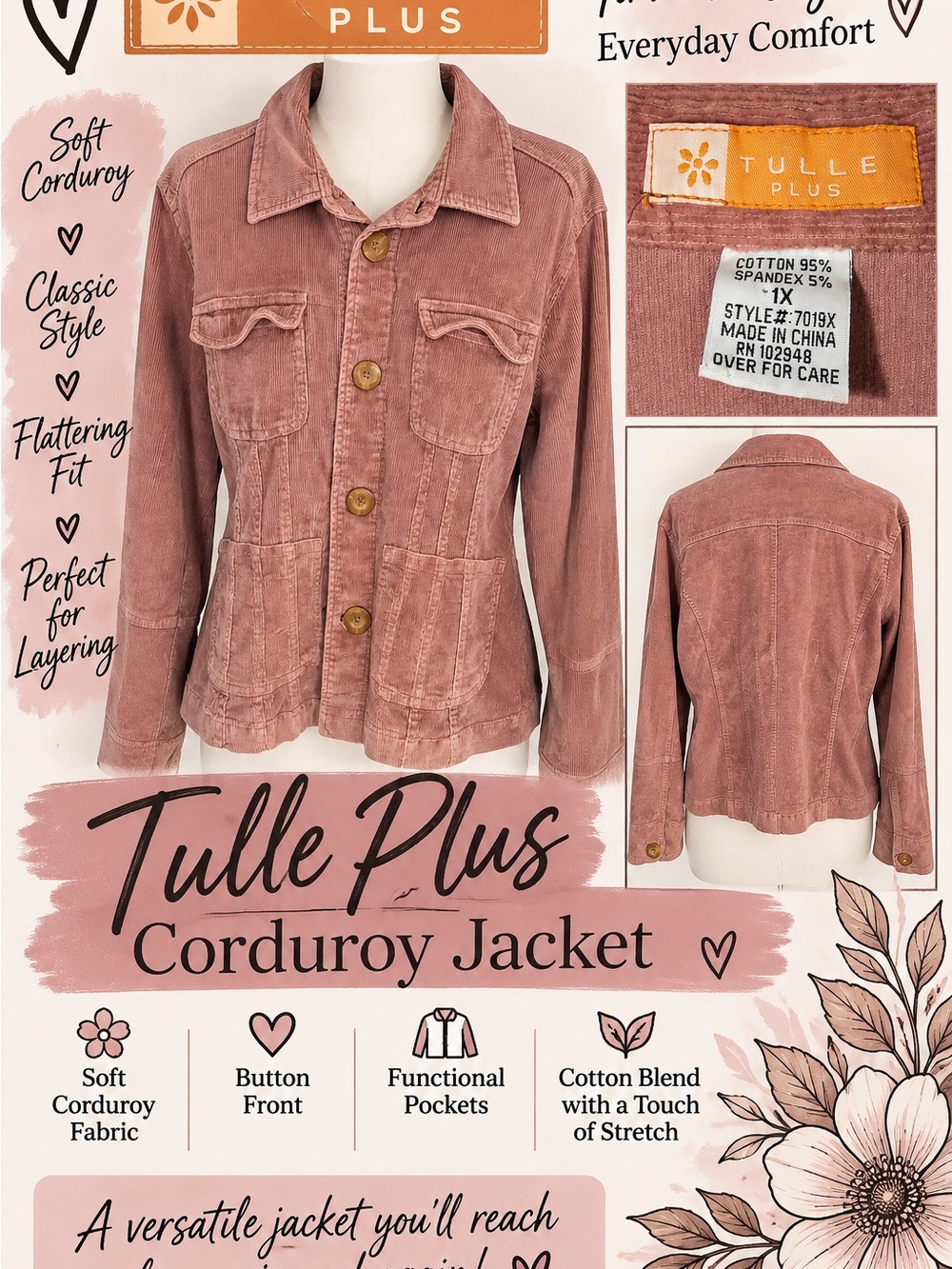 Tulle Plus 1X Dusty Rose Corduroy Jacket Button Front Y2K Boho P2P 20.5